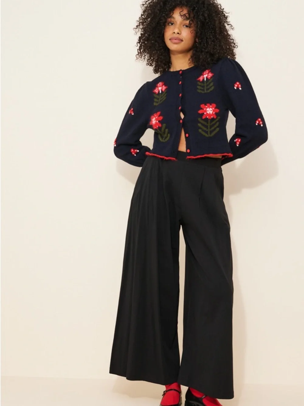 Free People Nonna Knit Navy Cropped Cardigan with Red Floral Intarsia